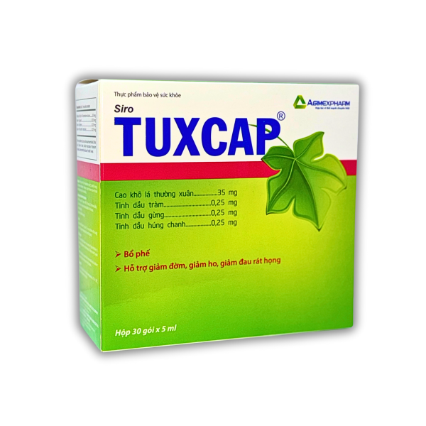 SIRO TUXCAP – BỔ PHẾ, HỖ TRỢ GIẢM ĐỜM, GIẢM HO, GIẢM ĐAU RÁT HỌNG (HỘP 30 GÓI X 5ML)